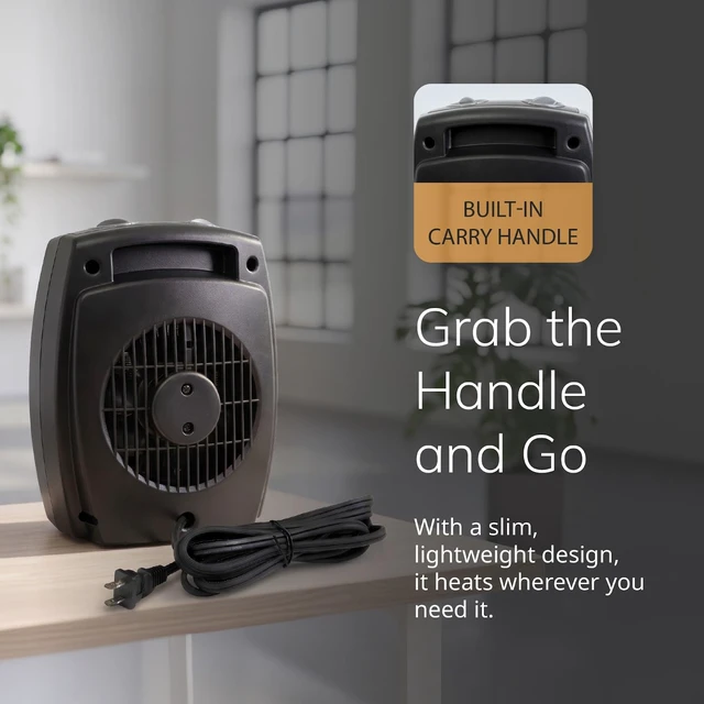 Alt view image 6 of 7 - 9" Tabletop Ceramic Space Heater with Thermostat - Dark Gray - 754201 | 1500W, Tip Switch, 2 Heat Settings, 1 Fan Mode, Portable Heater for Office, Bedroom, Desktop, Indoor Use, Overheat Protection
