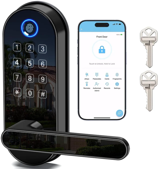 Main image of Bluetooth Fingerprint Smart Lock with Handle & Keypad Fits Most US Doors, DIY Install, Keyless Entry: Code, FOB, Auto-Lock. Ideal for Home, Airbnb, Rental, Kids, Seniors. Alexa & Google Compatible