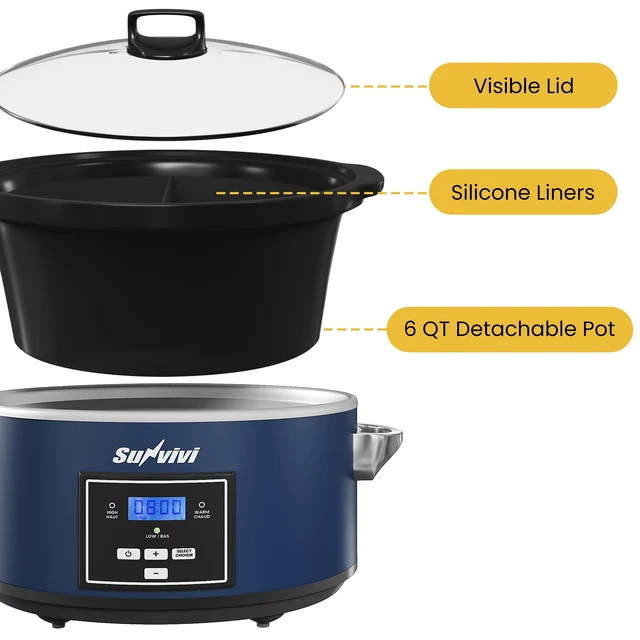 Alt view image 2 of 7 - 6 Quart Programmable Slow Cooker with 2 in 1 Silicone Liners, Multi-Cooker Food Warmer with Digital Timer, Adjustable Tempature Control, Dishwasher Safe Parts, Blue