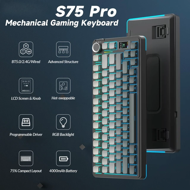 Alt view image 2 of 7 - S75 PRO Wireless Mechanical Gaming Keyboard with Screen&Knob, 80 Keys | Tri-Mode Hot Swappable Gaming Keyboard 75%, Pre-lubed Switches, RGB Backlit, PBT Keycaps, Creamy Sounding Computer Keyboards
