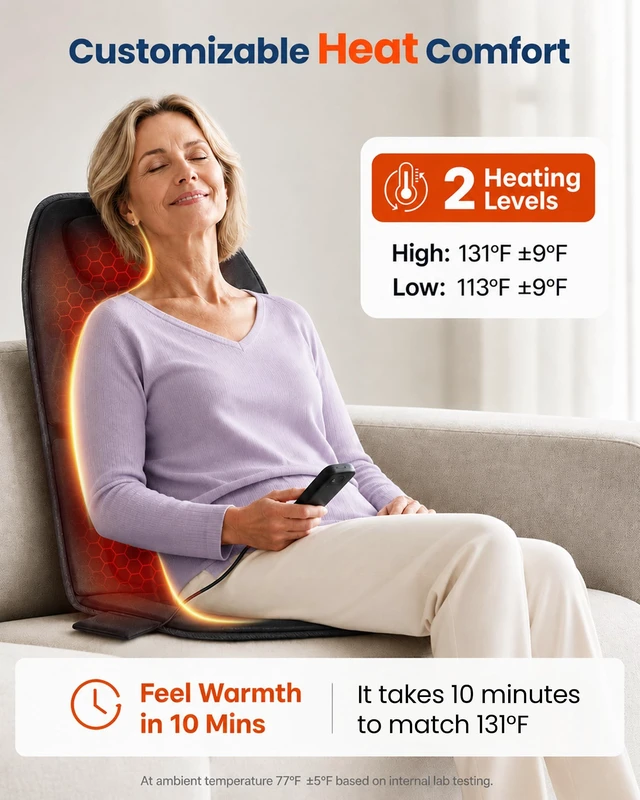 Alt view image 3 of 7 - Vibration Back Massager with Heat, 10-Motor Massage Seat Cushion for Chair, Graphene Heated Massage Chair Pad for Back, Lumbar & Thighs, 5 Modes, 3 Intensities, Home Office Recliner Gift
