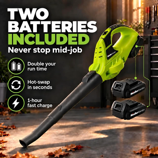 Alt view image 3 of 7 - Mueller UltraStorm Cordless Leaf Blower | 2 Batteries Included for 2x Runtime, 140 MPH 20V Brushless Motor, 3.3 lb Lightweight, 2-Speed Variable, 1-Hour Fast Charge