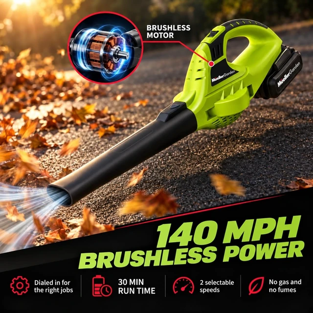 Alt view image 6 of 7 - Mueller UltraStorm Cordless Leaf Blower | 2 Batteries Included for 2x Runtime, 140 MPH 20V Brushless Motor, 3.3 lb Lightweight, 2-Speed Variable, 1-Hour Fast Charge