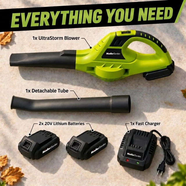 Alt view image 7 of 7 - Mueller UltraStorm Cordless Leaf Blower | 2 Batteries Included for 2x Runtime, 140 MPH 20V Brushless Motor, 3.3 lb Lightweight, 2-Speed Variable, 1-Hour Fast Charge