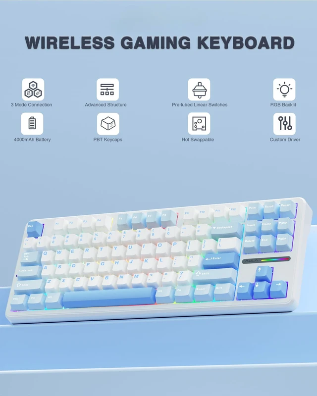 Alt view image 2 of 7 - F87 Wireless Mechanical Keyboard, TKL Gaming Keyboard 75%, 87 Keys | Custom Hot Swappable Gaming Keyboards with PBT Keycaps, Pre-lubed Switches, RGB Backlit Creamy Keyboard, 2.4GHz/USB-C/BT5.0