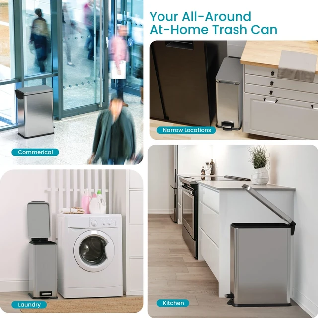 Alt view image 6 of 7 - 8 Gallon Kitchen Trash Can with Slim Fit Design | Stainless Steel with Soft-Close Step Pedal Lid, Bag Tuck Band for Easier Bag Changes, Rectangular Shape, Silver