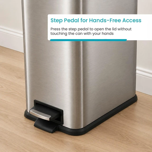 Alt view image 7 of 7 - 8 Gallon Kitchen Trash Can with Slim Fit Design | Stainless Steel with Soft-Close Step Pedal Lid, Bag Tuck Band for Easier Bag Changes, Rectangular Shape, Silver
