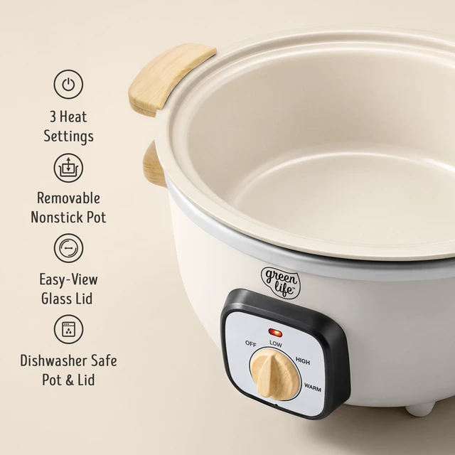 Alt view image 7 of 7 - 3.5QT Ceramic Nonstick Manual Slow Cooker, Removeable Crock Cream | PFAS-Free Nonstick Removeable Inner Pot, Dishwasher Safe, 3 Heat Settings (low, high, warm), Lightweight & Compact, Glass Lid