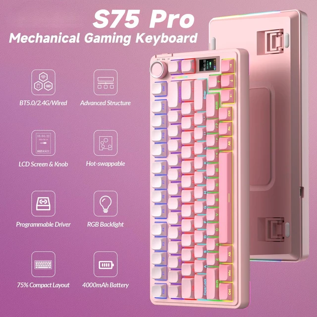 Alt view image 2 of 7 - S75 PRO Wireless Mechanical Gaming Keyboard with Screen&Knob, 80 Keys | Tri-Mode Hot Swappable Gaming Keyboard 75%, Pre-lubed Switches, RGB Backlit, PBT Keycaps, Creamy Sounding Pink Keyboards