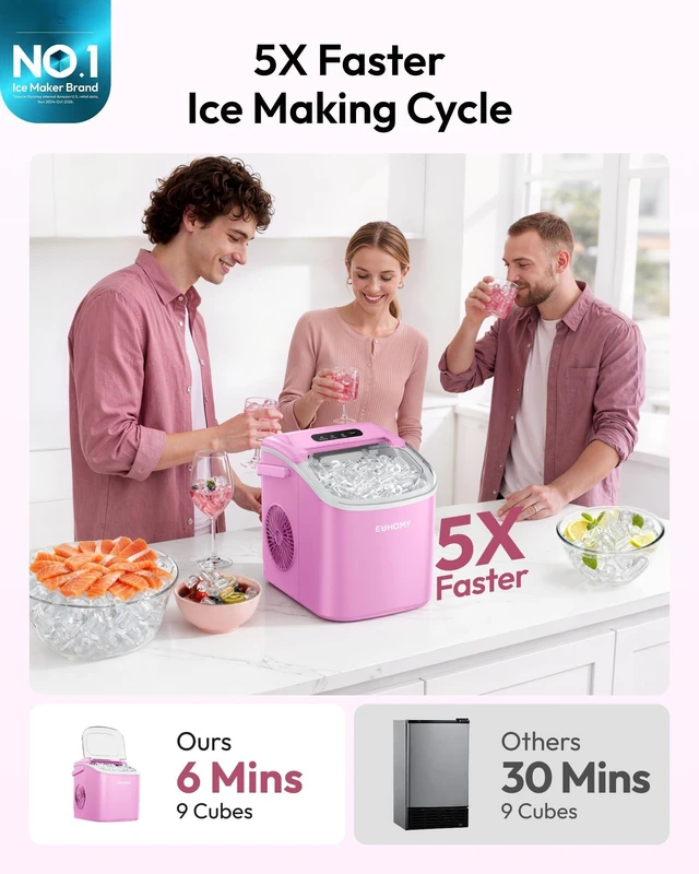 Alt view image 2 of 7 - Countertop Ice Maker Machine with Handle, 26lbs in 24Hrs, 9 Ice Cubes Ready in 6 Mins, Auto-Cleaning Portable Ice Maker with Basket and Scoop, for Home/Kitchen/Camping/RV. (Pink)