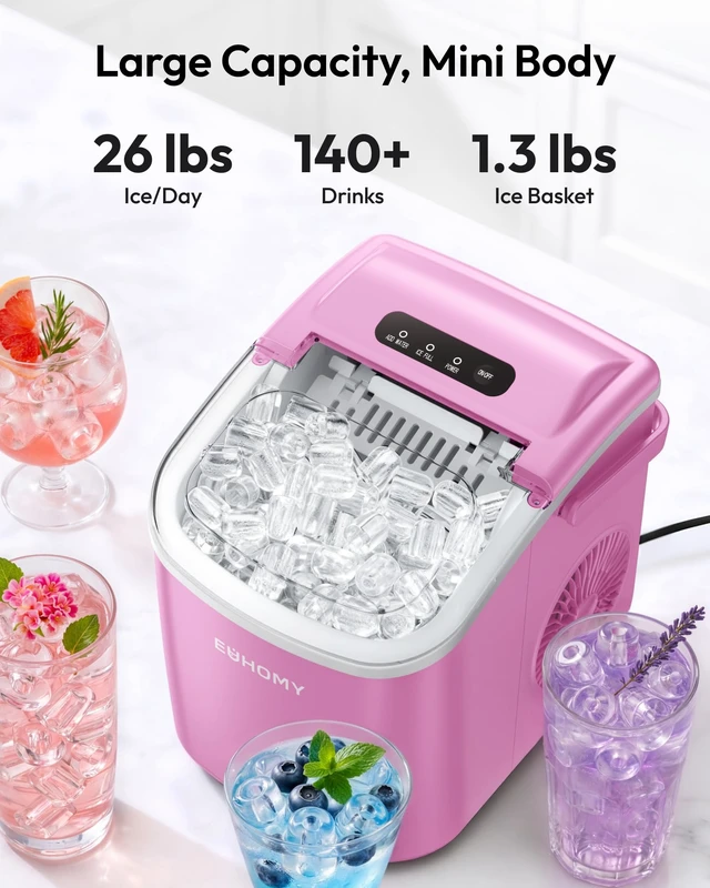Alt view image 3 of 7 - Countertop Ice Maker Machine with Handle, 26lbs in 24Hrs, 9 Ice Cubes Ready in 6 Mins, Auto-Cleaning Portable Ice Maker with Basket and Scoop, for Home/Kitchen/Camping/RV. (Pink)