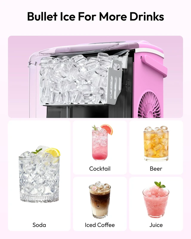 Alt view image 5 of 7 - Countertop Ice Maker Machine with Handle, 26lbs in 24Hrs, 9 Ice Cubes Ready in 6 Mins, Auto-Cleaning Portable Ice Maker with Basket and Scoop, for Home/Kitchen/Camping/RV. (Pink)