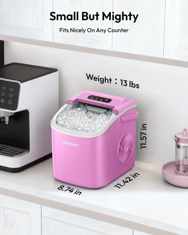 Alt view image 7 of 7 - Countertop Ice Maker Machine with Handle, 26lbs in 24Hrs, 9 Ice Cubes Ready in 6 Mins, Auto-Cleaning Portable Ice Maker with Basket and Scoop, for Home/Kitchen/Camping/RV. (Pink)