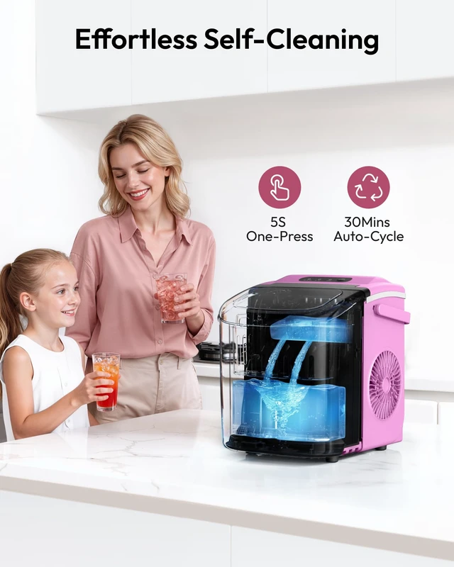 Alt view image 6 of 7 - Countertop Ice Maker Machine with Handle, 26lbs in 24Hrs, 9 Ice Cubes Ready in 6 Mins, Auto-Cleaning Portable Ice Maker with Basket and Scoop, for Home/Kitchen/Camping/RV. (Pink)