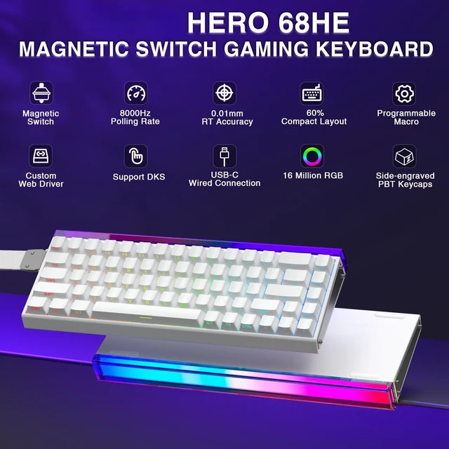 Alt view image 2 of 7 - Hero 68 HE 60% Gaming Keyboard Wired, Hall Effect Magnetic Switch Keyboard with Adjustable Actuation, Fast Trigger Mode, 8K Hz Polling Rate, 0.125ms Latency,Side Printed PBT Keycaps, RGB Backlit
