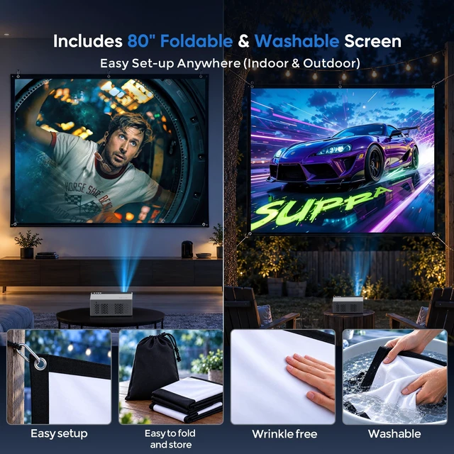 Alt view image 3 of 7 - Native 1080P Mini Portable Projector, 2-way Bluetooth, with 80in Screen | 4K Support, 15W Powerful Speaker, Indoor/Outdoor Movies, Zoom & Timer Shutdown, TV Stick/Phone/PC/PS5/DVD/HDMI/USB Compatible