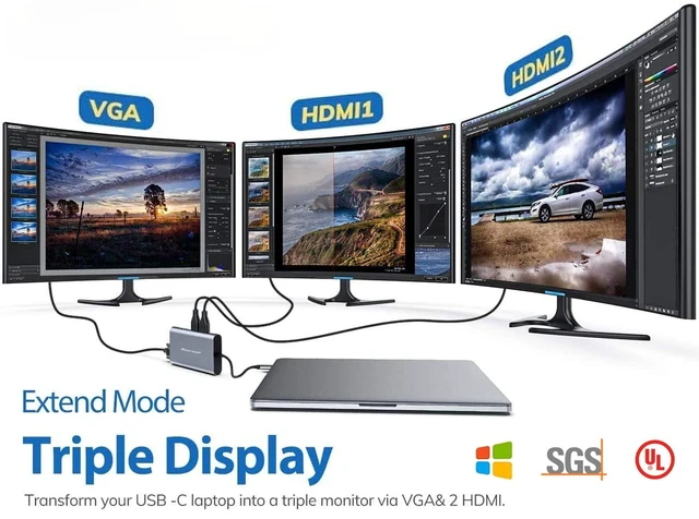 Alt view image 2 of 7 - USB C Docking Station, 11-in-1 Dock, HDMI, VGA, Ethernet, Grey | Triple display via 2 HDMI and VGA; plug-and-play, 100W PD, USB and SD/TF; compatible for HP, Dell and Lenovo USB C laptops