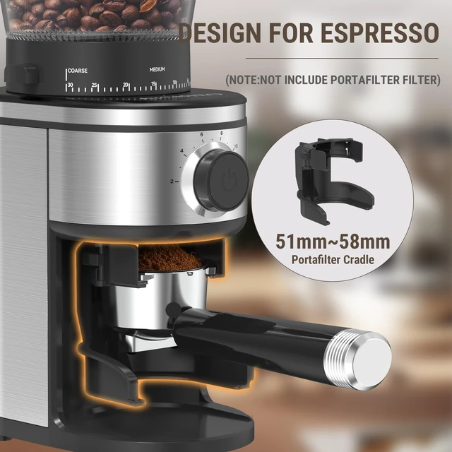 Alt view image 6 of 7 - Conical Burr Coffee Grinder Electric, Coffee Grinder with 30 Grind Settings, Adjustable Burr Mill Grinder for Home Use, 2-12 Cups for Espresso, Pour Over & French Press
