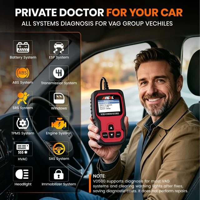 Alt view image 2 of 7 - VD500 OBD2 Scanner Diagnostic Tool for Volkswagen VW Audi Skoda Seat Diagnosis Check Engine Light EPB ABS SRS Code Reader Oil Throttle Position Adaption Brake Pad Reset