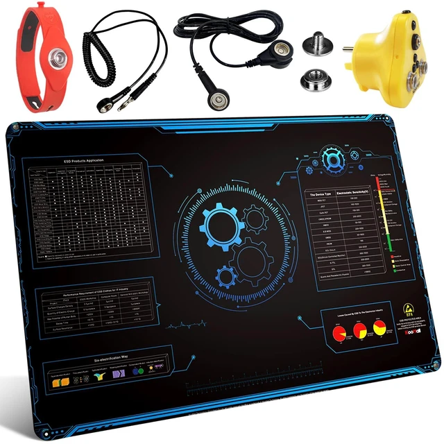 Main image of 24 x 16 Inch ESD Rubber Mat Kits, Anti Static Table Floor Pad for Electronic Device Repair Solder Assembly PC Building, W/H Grounding Kit- Antistatic Wrist Straps Bracelets Cord Plugs, Blue