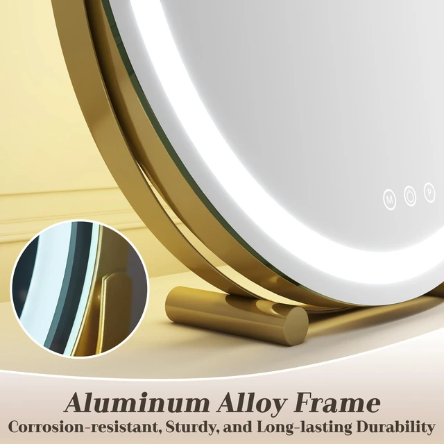 Alt view image 5 of 7 - Gold Vanity Mirror, 18 Inch Lighted Makeup Mirror with Smart Touch 3 Colors Dimmable, Tabletop, 360 Rotation
