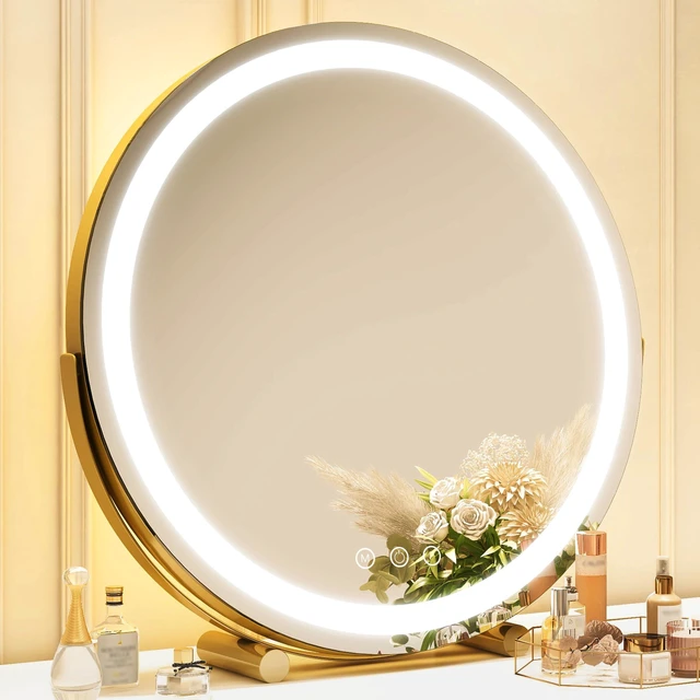 Main image of Gold Vanity Mirror, 18 Inch Lighted Makeup Mirror with Smart Touch 3 Colors Dimmable, Tabletop, 360 Rotation