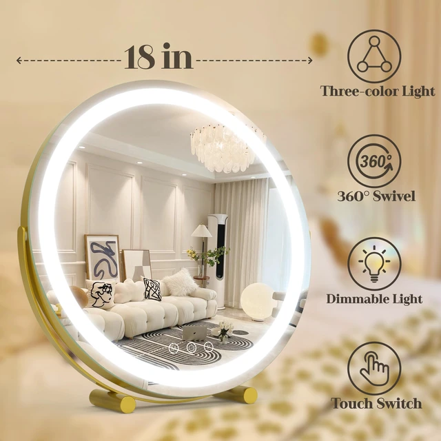 Alt view image 2 of 7 - Gold Vanity Mirror, 18 Inch Lighted Makeup Mirror with Smart Touch 3 Colors Dimmable, Tabletop, 360 Rotation