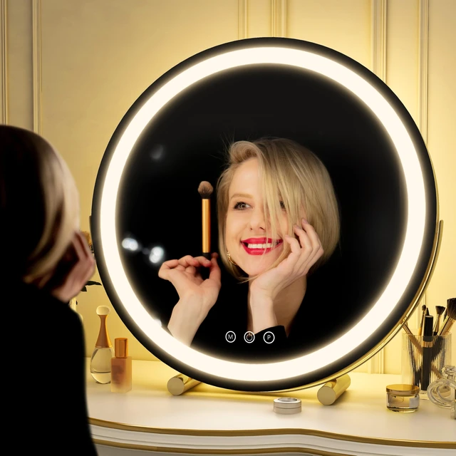 Alt view image 6 of 7 - Gold Vanity Mirror, 18 Inch Lighted Makeup Mirror with Smart Touch 3 Colors Dimmable, Tabletop, 360 Rotation