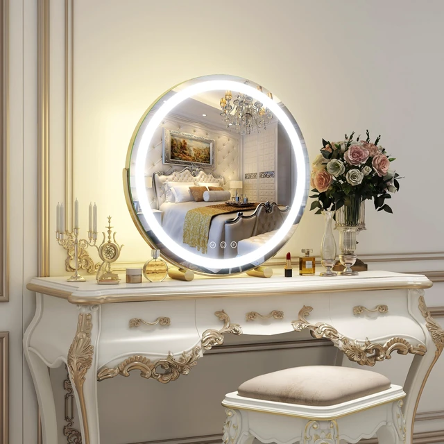 Alt view image 7 of 7 - Gold Vanity Mirror, 18 Inch Lighted Makeup Mirror with Smart Touch 3 Colors Dimmable, Tabletop, 360 Rotation