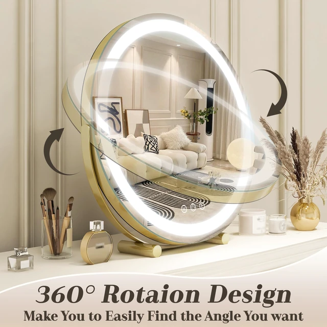 Alt view image 4 of 7 - Gold Vanity Mirror, 18 Inch Lighted Makeup Mirror with Smart Touch 3 Colors Dimmable, Tabletop, 360 Rotation