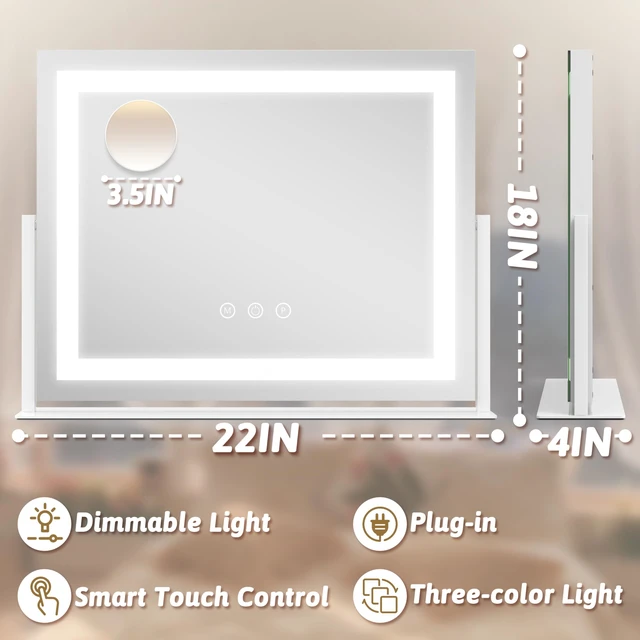 Alt view image 2 of 7 - Vanity Mirror with Lights 22"x18", Lighted Makeup Mirror with 10X Magnification, Smart Touch 3 Colors Dimmable, 360° Rotation, Women Gift, Dresser Mount, Bathroom (White)