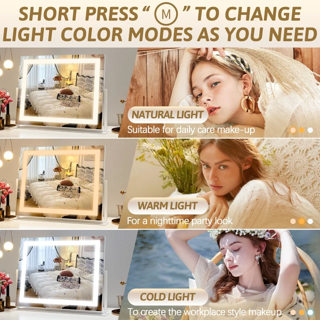 Alt view image 3 of 7 - Vanity Mirror with Lights 22"x18", Lighted Makeup Mirror with 10X Magnification, Smart Touch 3 Colors Dimmable, 360° Rotation, Women Gift, Dresser Mount, Bathroom (White)