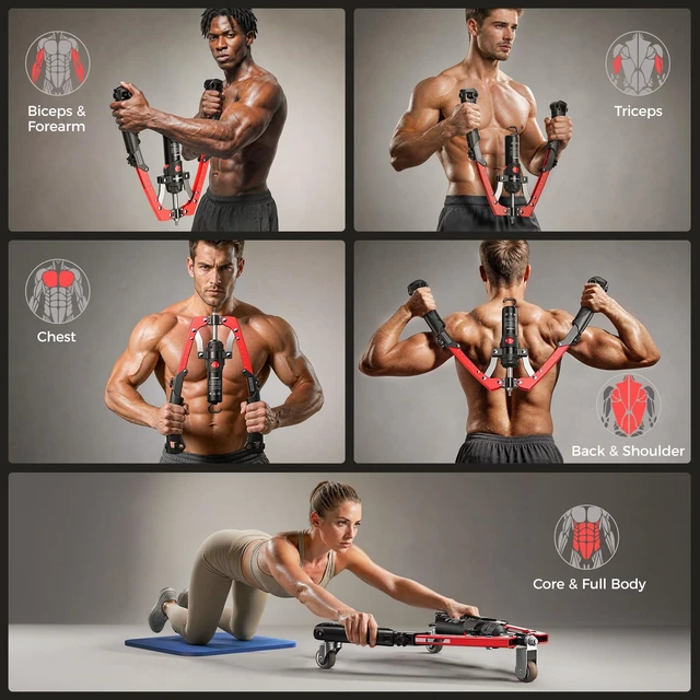 Alt view image 5 of 7 - Twister Arm Trainer, Hydraulic Power Core Twister Chest Workout Equipment, Adjustable 22-440LBS Chest Trainer for Men, 3 in 1 Chest Arm Exerciser with Ab Roller Wheel - Red