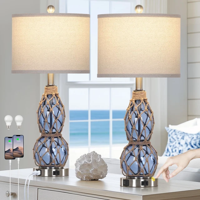 Main image of 27.5" Clear Glass Table Lamp Set of 2 with Night Light,Bedside Lamps with USB Ports and AC Outlet, Modern Nightstand Lamps Retro Farmhouse lamp for Bedroom Living Room