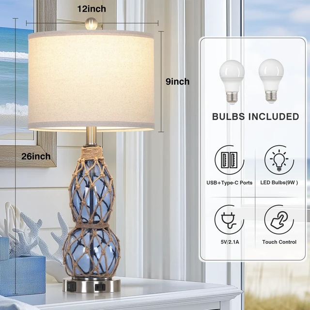 Alt view image 2 of 7 - 27.5" Clear Glass Table Lamp Set of 2 with Night Light,Bedside Lamps with USB Ports and AC Outlet, Modern Nightstand Lamps Retro Farmhouse lamp for Bedroom Living Room