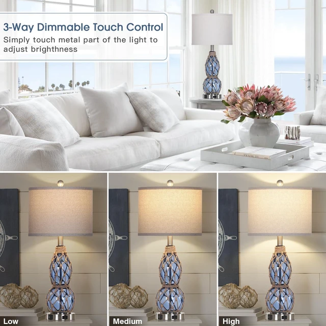 Alt view image 3 of 7 - 27.5" Clear Glass Table Lamp Set of 2 with Night Light,Bedside Lamps with USB Ports and AC Outlet, Modern Nightstand Lamps Retro Farmhouse lamp for Bedroom Living Room