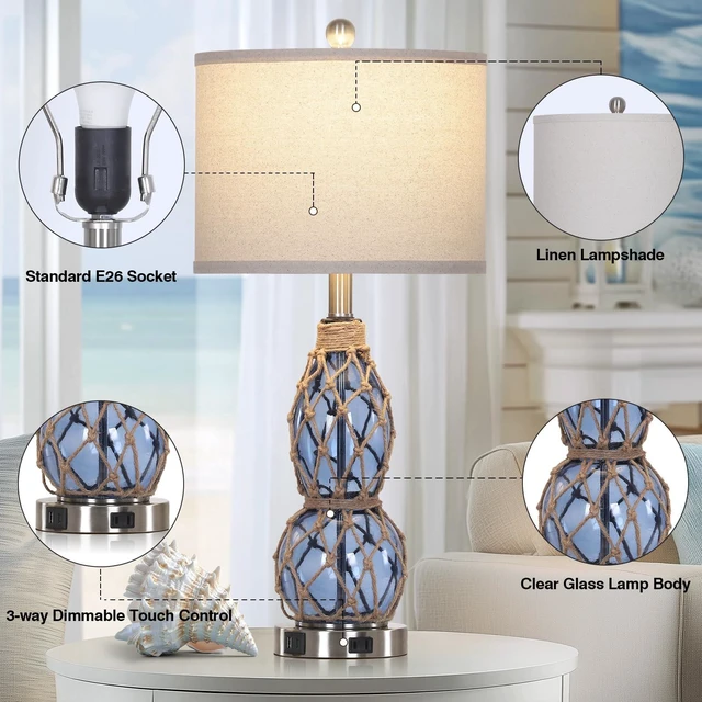 Alt view image 4 of 7 - 27.5" Clear Glass Table Lamp Set of 2 with Night Light,Bedside Lamps with USB Ports and AC Outlet, Modern Nightstand Lamps Retro Farmhouse lamp for Bedroom Living Room
