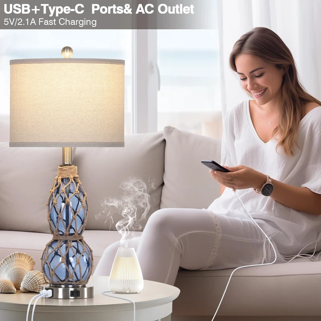 Alt view image 5 of 7 - 27.5" Clear Glass Table Lamp Set of 2 with Night Light,Bedside Lamps with USB Ports and AC Outlet, Modern Nightstand Lamps Retro Farmhouse lamp for Bedroom Living Room