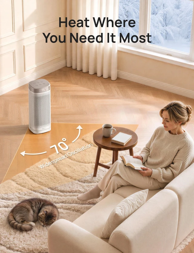 Alt view image 5 of 7 - Space Heaters,16 Inch Fast Heating Electric Heaters with Thermostat | 1500W PTC Ceramic Heater with Remote Control, 12H Timer, 70° Oscillation, Overheat Protection, for Bedroom, Home Office