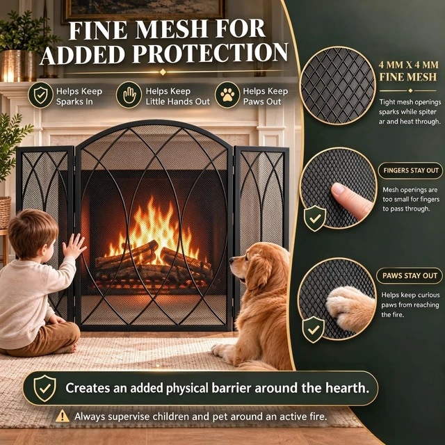 Alt view image 2 of 7 - 3-Panel Fireplace Screen 48"W x 29.5"H Wrought Iron Spark Guard | Wide Coverage, Fine Mesh Spark Protection, Sturdy Frame, Powder-coated Finish, No Assembly, Modern Classic Home Decor