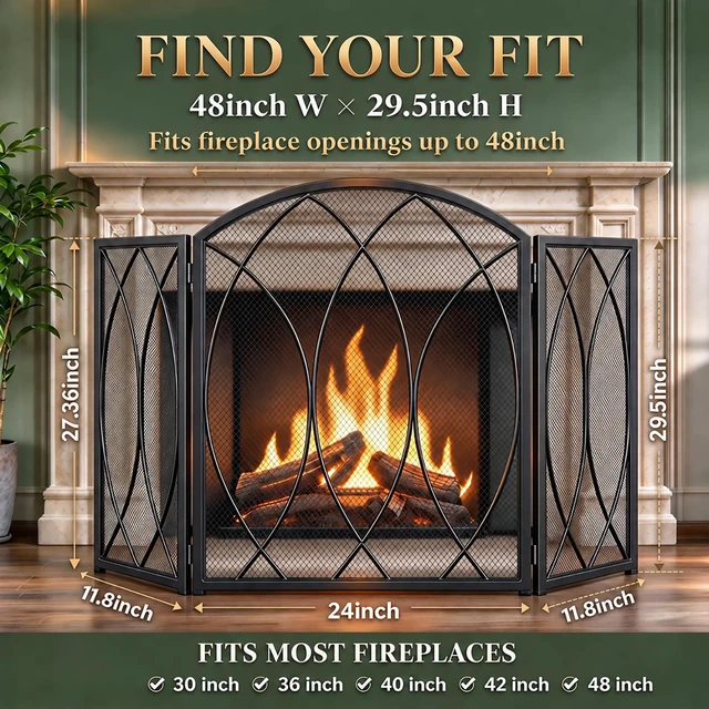 Alt view image 3 of 7 - 3-Panel Fireplace Screen 48"W x 29.5"H Wrought Iron Spark Guard | Wide Coverage, Fine Mesh Spark Protection, Sturdy Frame, Powder-coated Finish, No Assembly, Modern Classic Home Decor