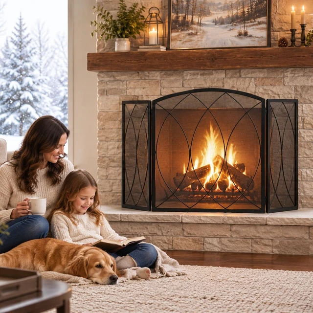 Alt view image 4 of 7 - 3-Panel Fireplace Screen 48"W x 29.5"H Wrought Iron Spark Guard | Wide Coverage, Fine Mesh Spark Protection, Sturdy Frame, Powder-coated Finish, No Assembly, Modern Classic Home Decor