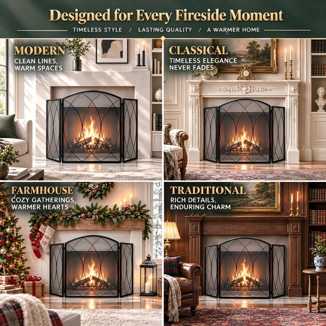Alt view image 5 of 7 - 3-Panel Fireplace Screen 48"W x 29.5"H Wrought Iron Spark Guard | Wide Coverage, Fine Mesh Spark Protection, Sturdy Frame, Powder-coated Finish, No Assembly, Modern Classic Home Decor