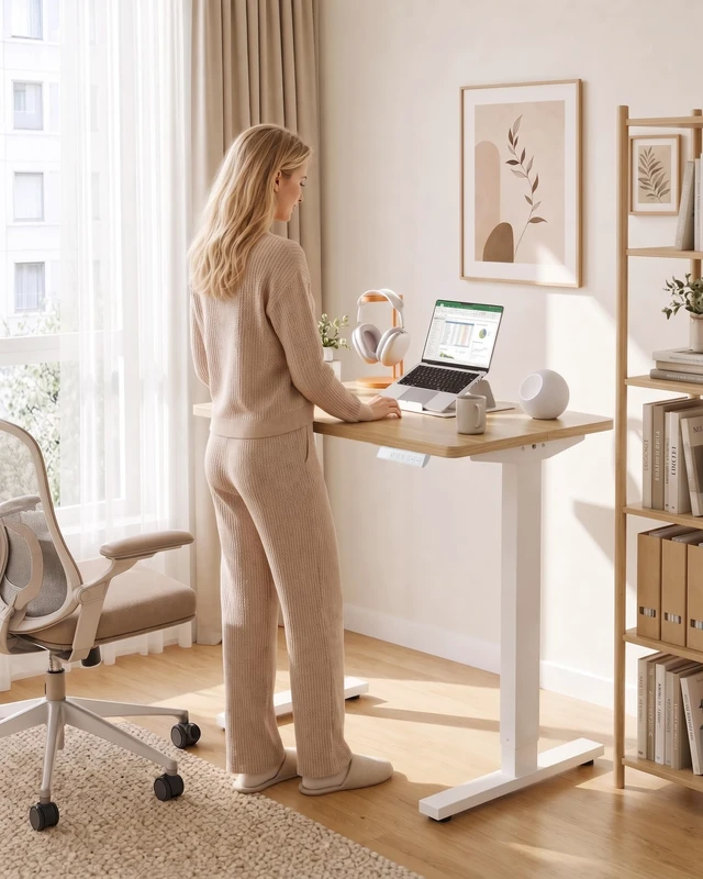 Alt view image 2 of 7 - 32x19 Inch Small Electric Standing Desk, Adjustable, Light Walnut | 176 Lbs Capacity, Rounded Corners, Wheel-Ready Feet, Compact Desktop, Apartment Workspace, 28.346.5 Inch Height Range