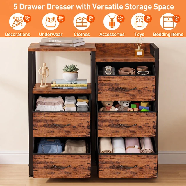 Alt view image 3 of 7 - Rustic Brown Dressers for Bedroom, 5 Drawer Dresser for Closet | Small Fabric Dresser with 2 Tier Shelf, Drawer Units with Sturdy Metal Frame, Storage Cabinet Organizer for Hallway, Wood Top