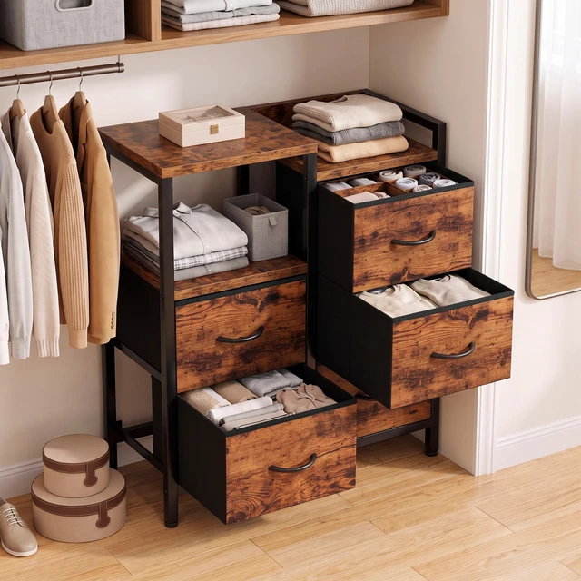 Alt view image 5 of 7 - Rustic Brown Dressers for Bedroom, 5 Drawer Dresser for Closet | Small Fabric Dresser with 2 Tier Shelf, Drawer Units with Sturdy Metal Frame, Storage Cabinet Organizer for Hallway, Wood Top