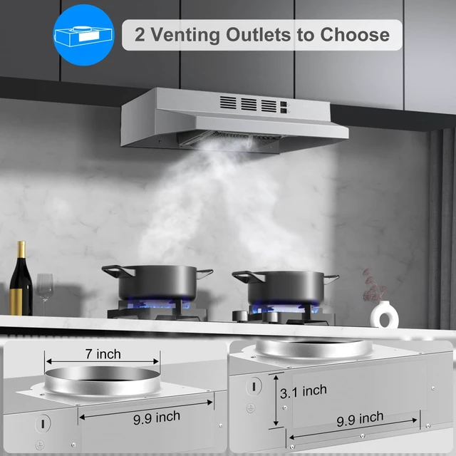 Alt view image 3 of 7 - Under Cabinet Range Hood 24 inch,Ductless Range Hood Convertible Ducted, Kitchen Hood 24 inch,Stainless Range Hood with 2-speed Fan,Rocker Switch,Hard-wired Hood Vents for Kitchen