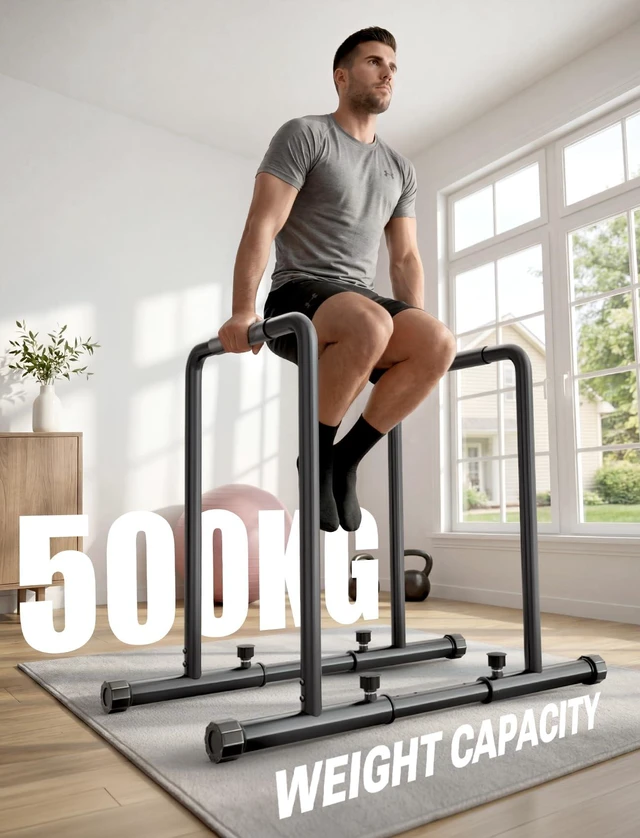 Alt view image 2 of 7 - Adjustable Dip Bar- 1100LBS Dip Station Portable Functional Fitness | Bar with Safety Connector, Heavy Duty Dip Stand Body Press Bar Parallette Exercise Bar Workout Equalizer for Calisthenics