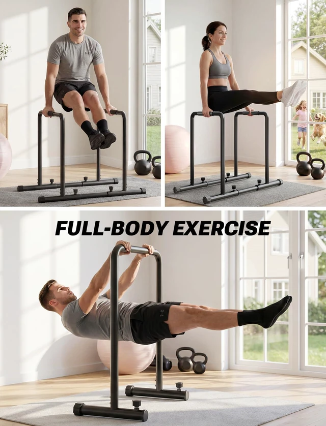 Alt view image 3 of 7 - Adjustable Dip Bar- 1100LBS Dip Station Portable Functional Fitness | Bar with Safety Connector, Heavy Duty Dip Stand Body Press Bar Parallette Exercise Bar Workout Equalizer for Calisthenics