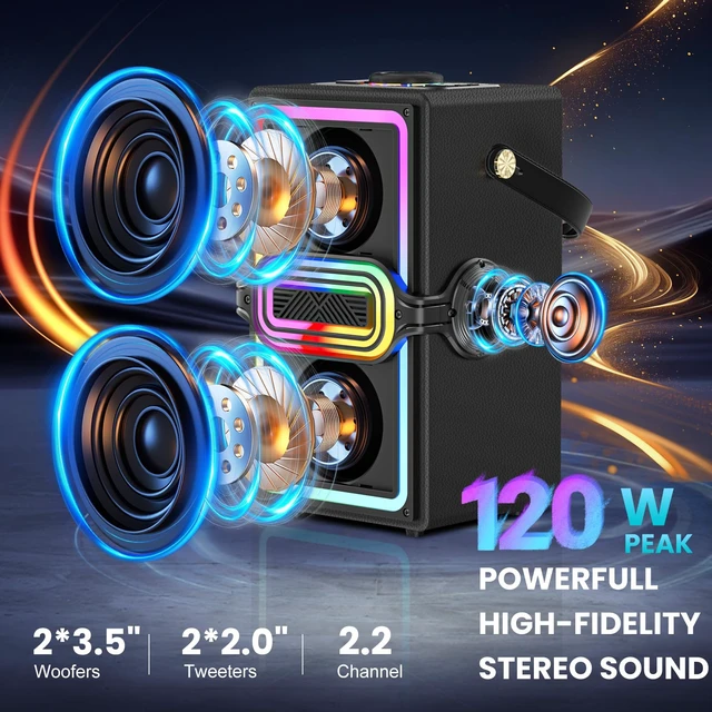 Alt view image 2 of 7 - Bluetooth Speaker, 80W Peak Wireless Portable Outdoor Speakers | Deep Bass, LED Colorful Lights, Loud Stereo Sound Boombox with TWS for Home, Camping, Travel, Party